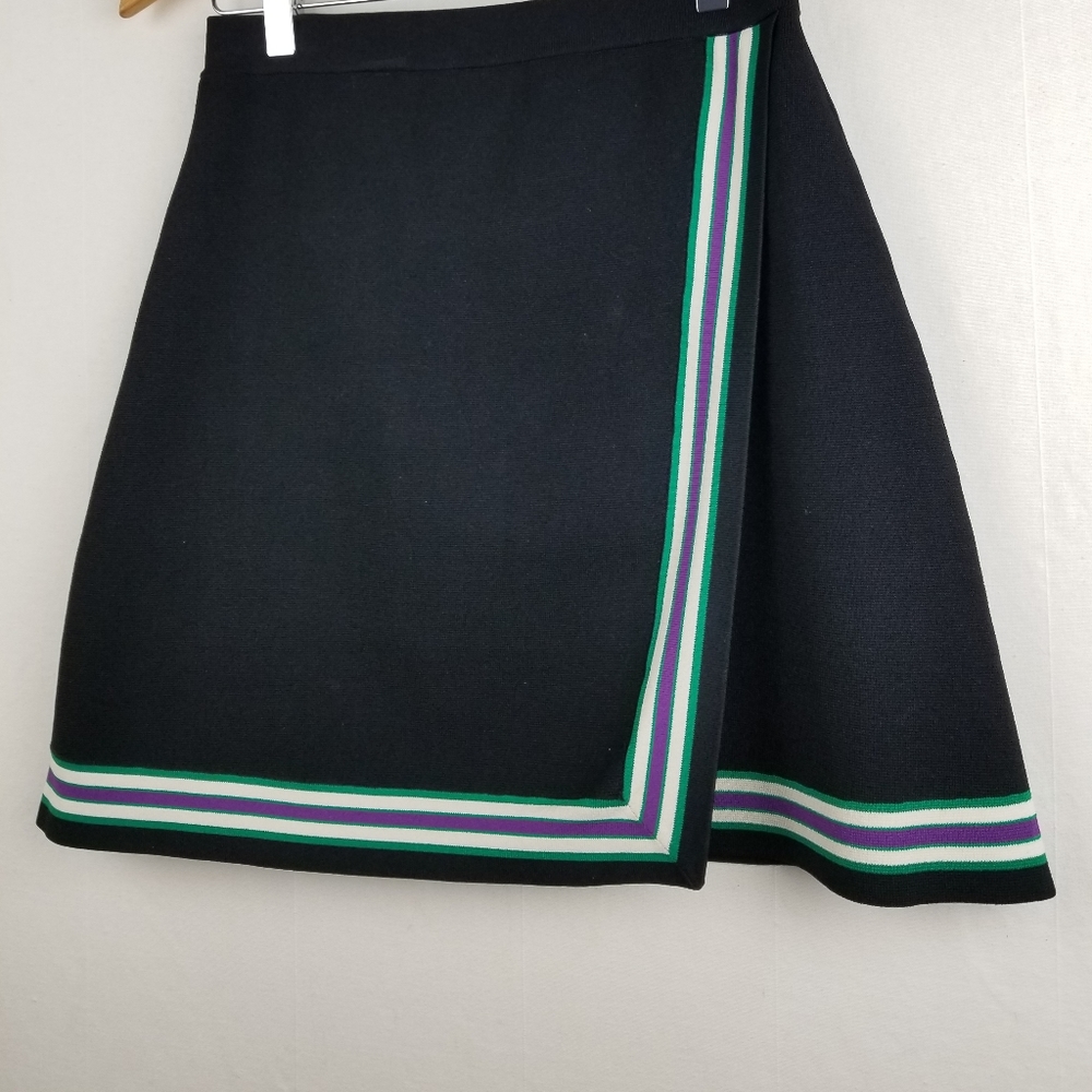Sandro Mini Skirt Black Ponte Knit Cheerleader Faux Wrap Contrast Trim Small